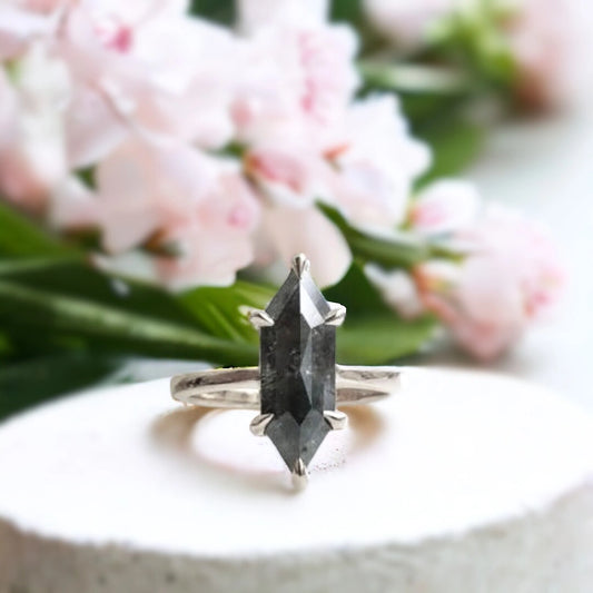 Black Speckled Hexagon Diamond Ring with Claw Set