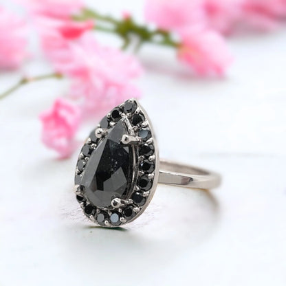 Pear Shaped Black Diamond Halo Engagement Ring