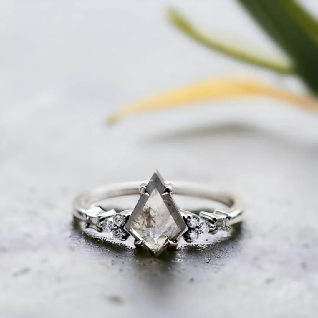 Rustic Salt and Pepper Diamond Ring Organic Speckled Stone