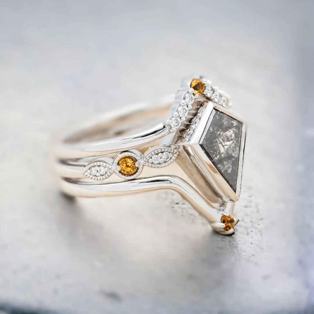 Kite Cut Salt and Pepper Diamond Engagement Ring Unique Bridal Ring