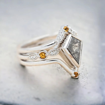 Kite Cut Salt and Pepper Diamond Engagement Ring Unique Bridal Ring