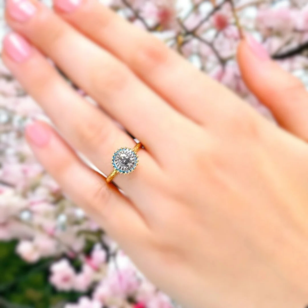 Hand-Forged Ocean Blue Diamond & Sapphire Ring – Antique Inspired