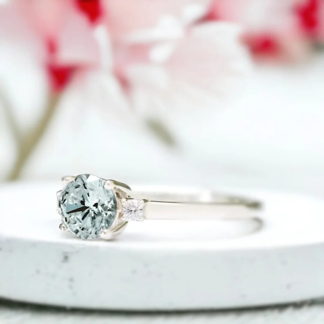 Lab Created Diamond Trilogy Ring with Aquamarine