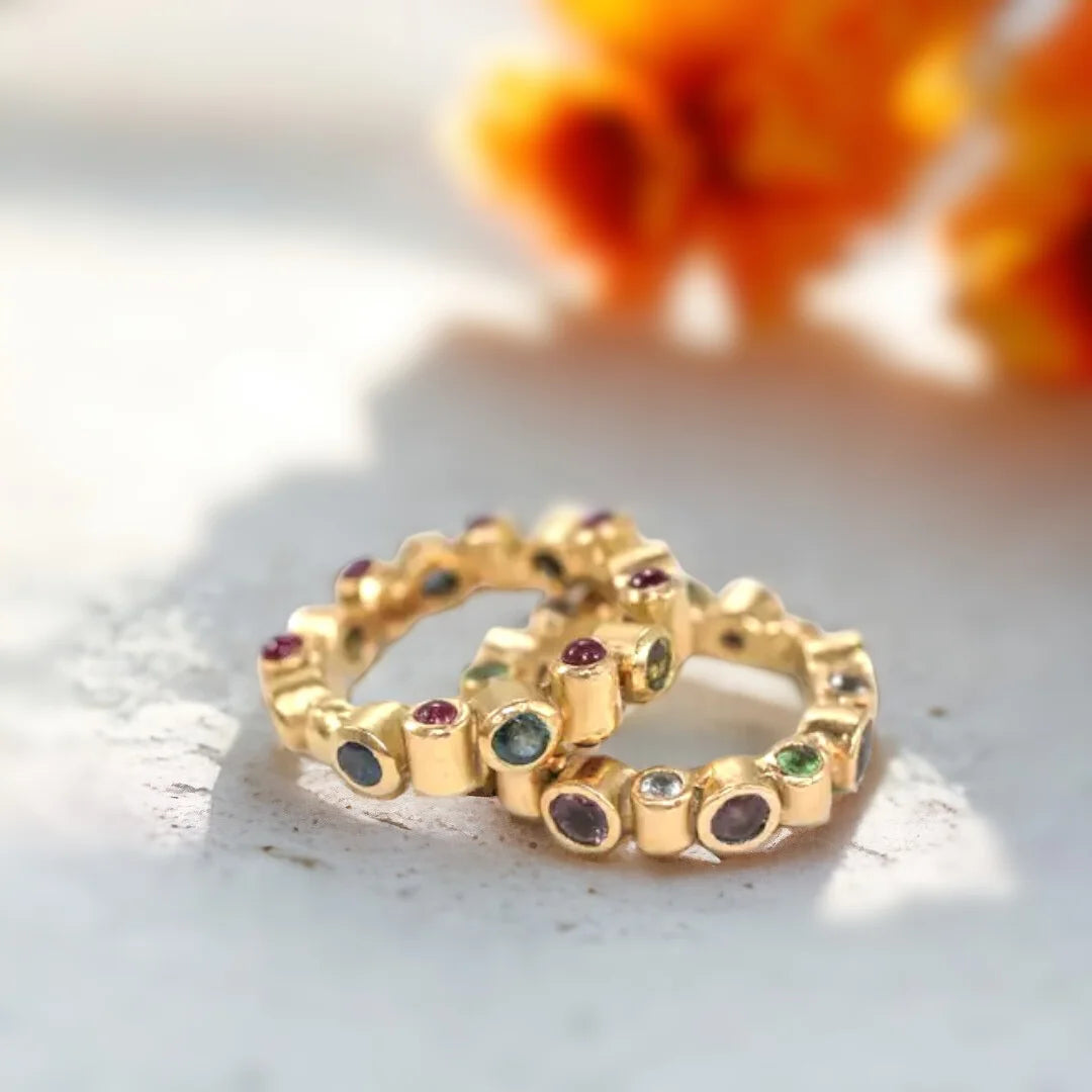 Blue Sapphire and Ruby Bridal Band Bezel Set Ring