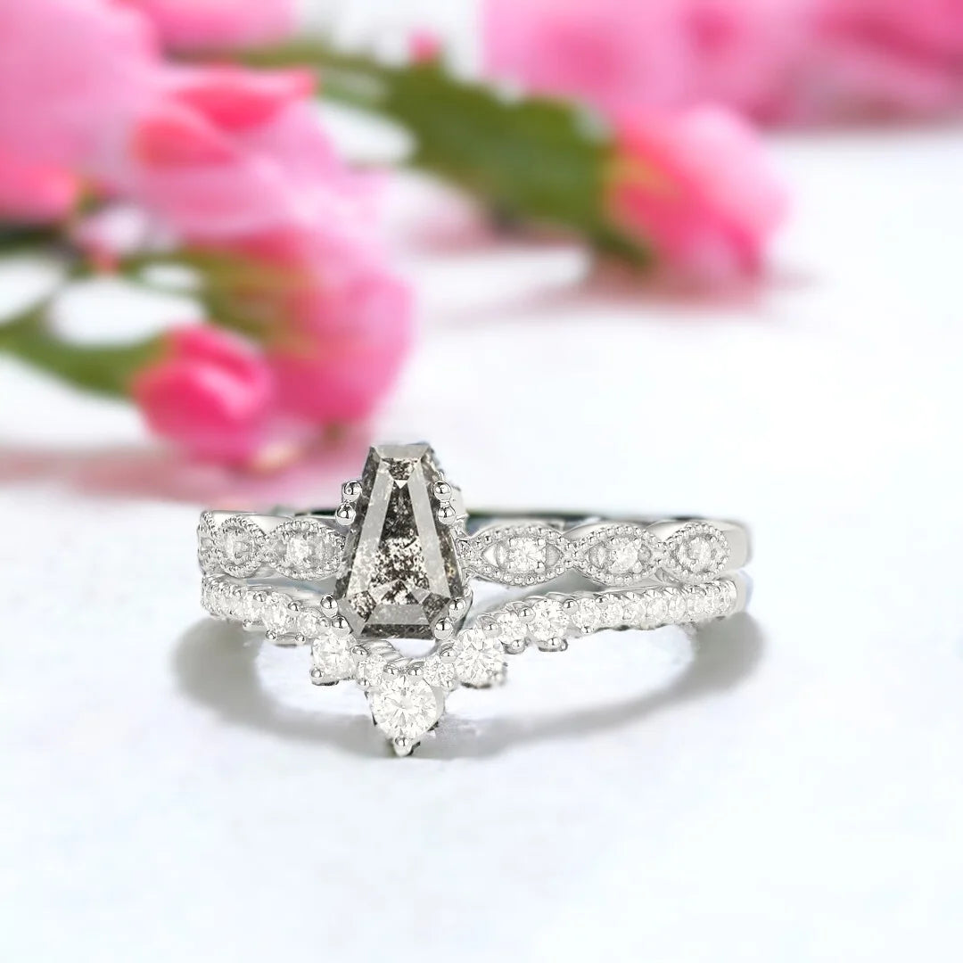 Coffin Cut Salt and Pepper Diamond Bridal Set