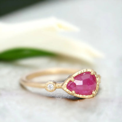 Ruby Pear and Diamond Muguet Ring Elegant Handmade Jewelry