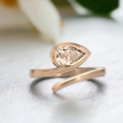 Cognac Pear Diamond Bezel Set Ring Gold Band