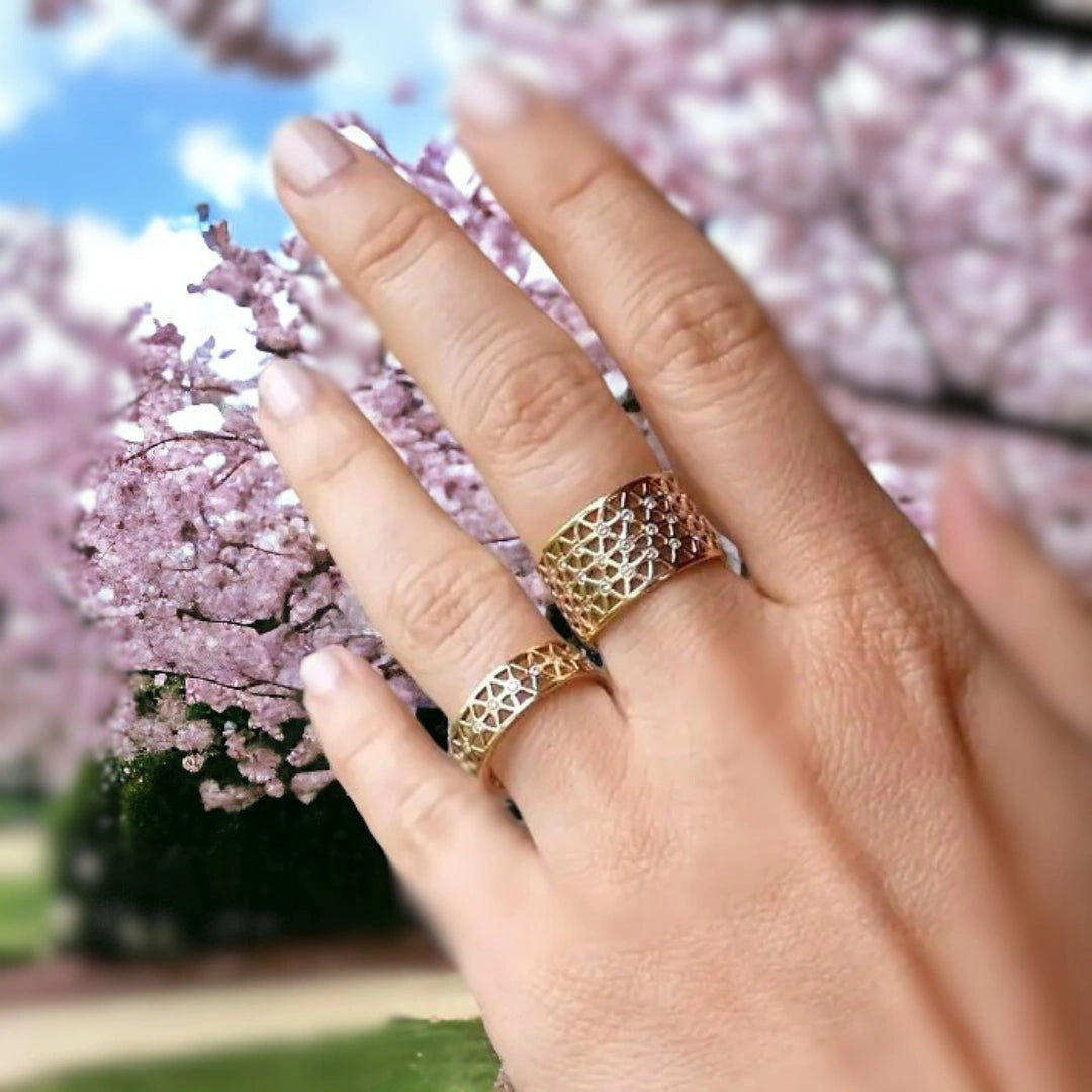 Handcrafted Diamond Band Ring with Pierced Gold Design