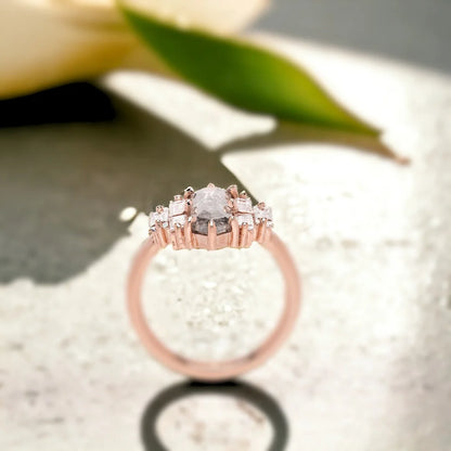 Rose Gold Salt and Pepper Diamond Ring Baguette Side Stones