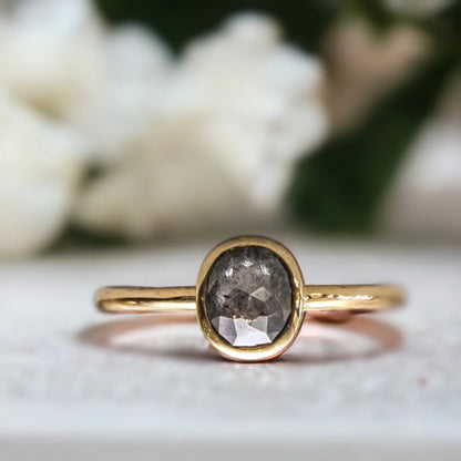 Salt and Pepper Oval Diamond Ring Rose Gold Bezel Solitaire