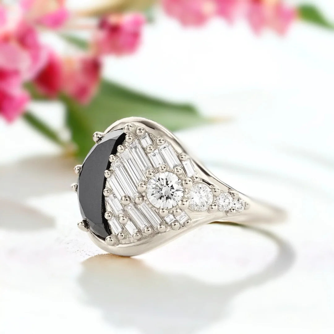 New Moon Jet Black Diamond Ring Handcrafted Design