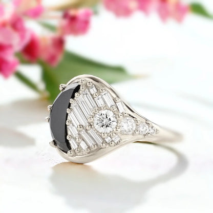 New Moon Jet Black Diamond Ring Handcrafted Design