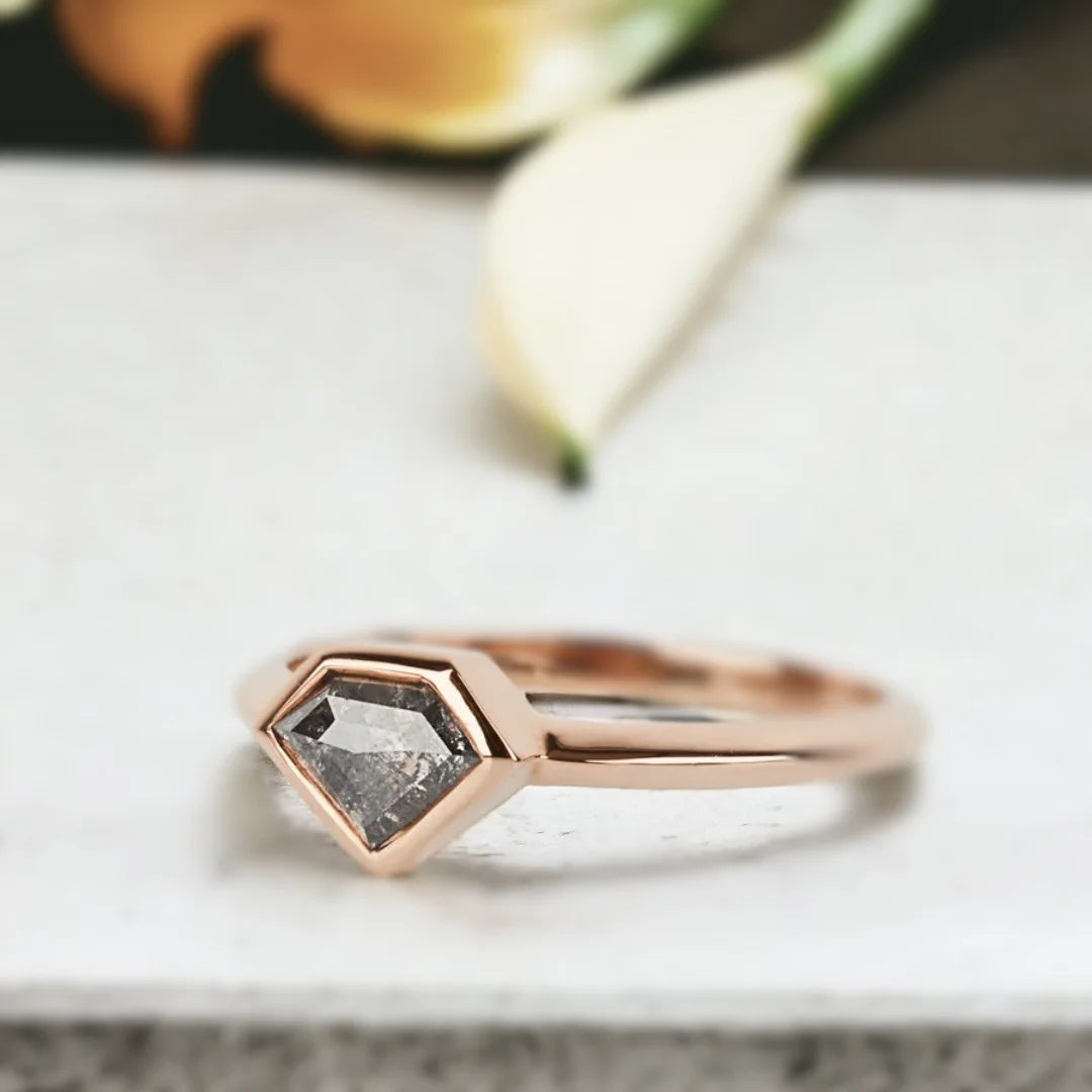 Salt and Pepper Diamond Shield Ring Fortress Flame Design