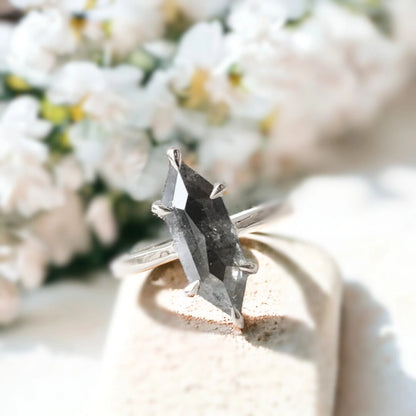 Black Speckled Hexagon Diamond Ring with Claw Set
