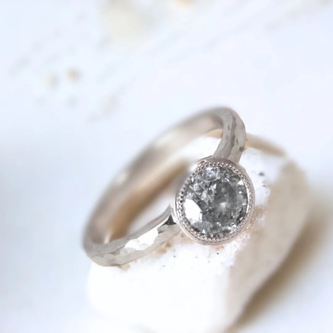 Custom Platinum Cathedral Ring Salt and Pepper Diamond Single Stone