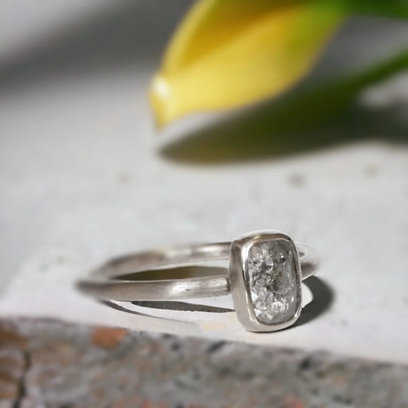 Silver Shroud Grey Gold Enchantment, Frozen Elegance Ice Rose Cut Natural Salt & Pepper Diamond Ring