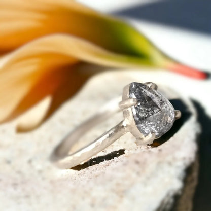 Pear Cut Salt and Pepper Diamond Ring Hammered Band Design