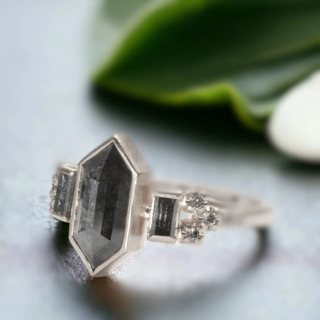Hexagon Salt and Pepper Diamond Ring Retro Rustic Style