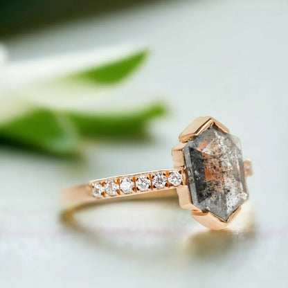 Hexagon Salt and Pepper Diamond Engagement Ring Handmade Design