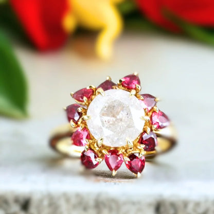 Snowflake Diamond Ruby Sunflower Ring Salt and Pepper Diamond
