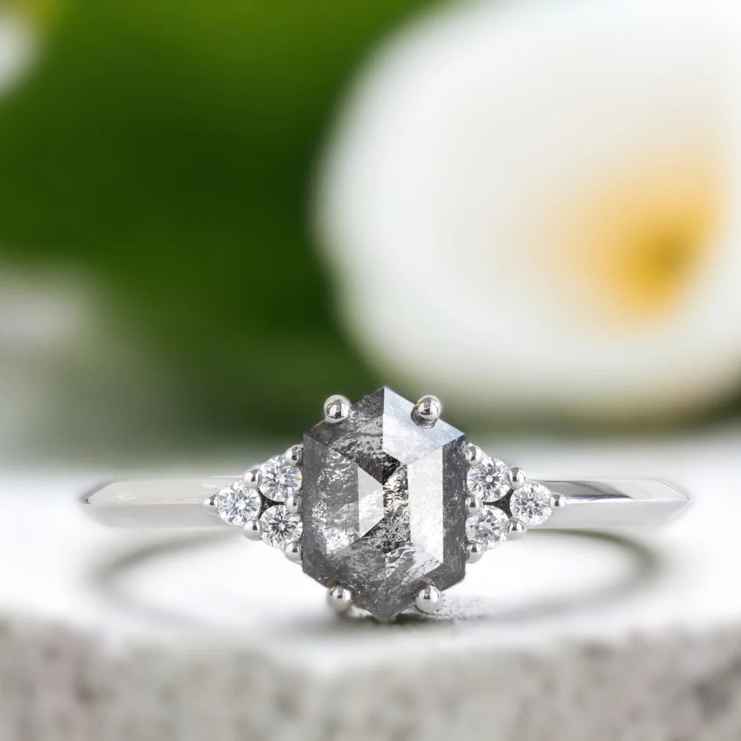 Hexagon Salt and Pepper Diamond Bridal Set White Gold Platinum