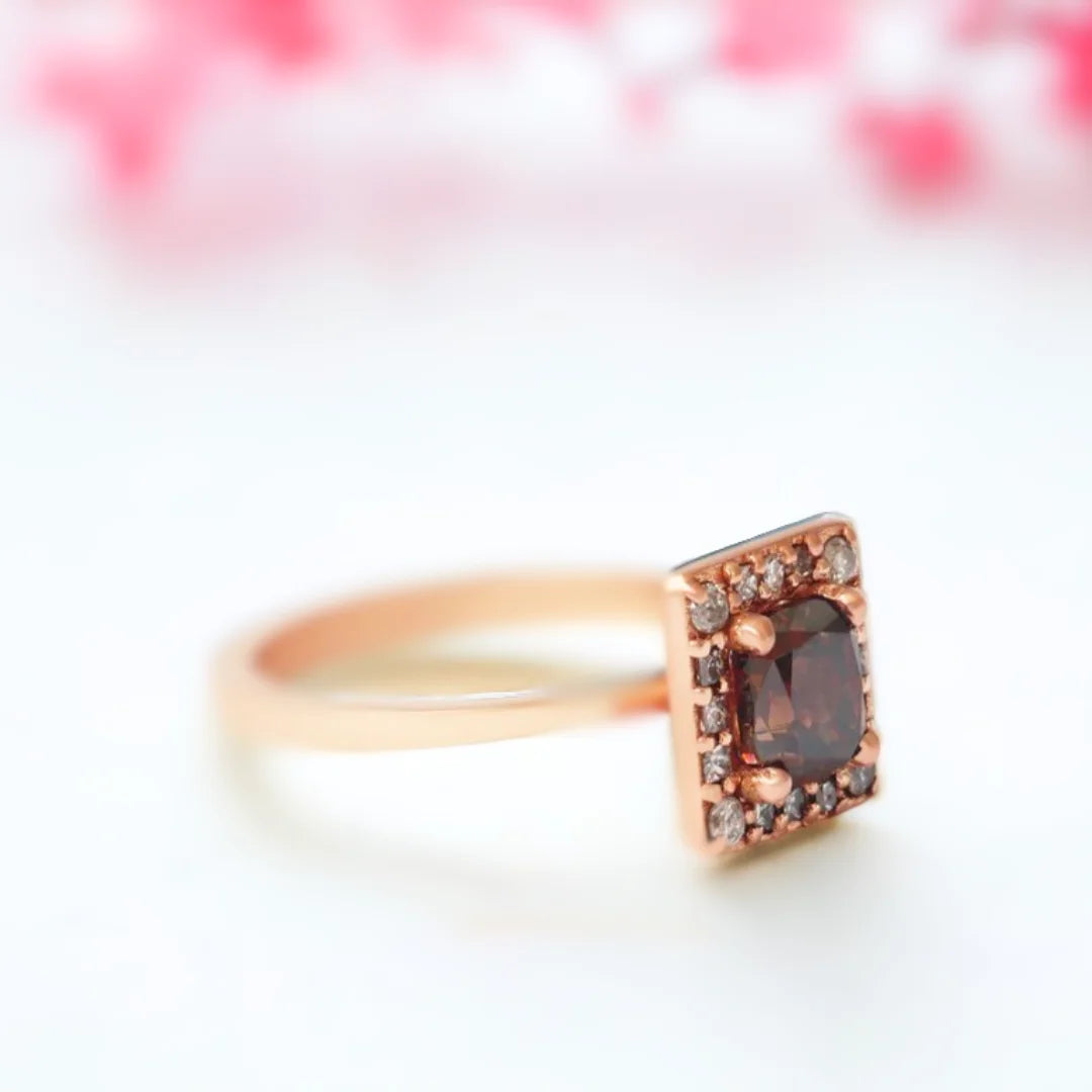 Champagne Diamond Cushion Halo Ring in Red Gold