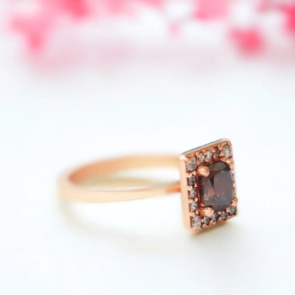 Champagne Diamond Cushion Halo Ring in Red Gold