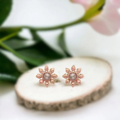 Diamond Flower Stud Earrings with Rose Cut Grey Diamonds