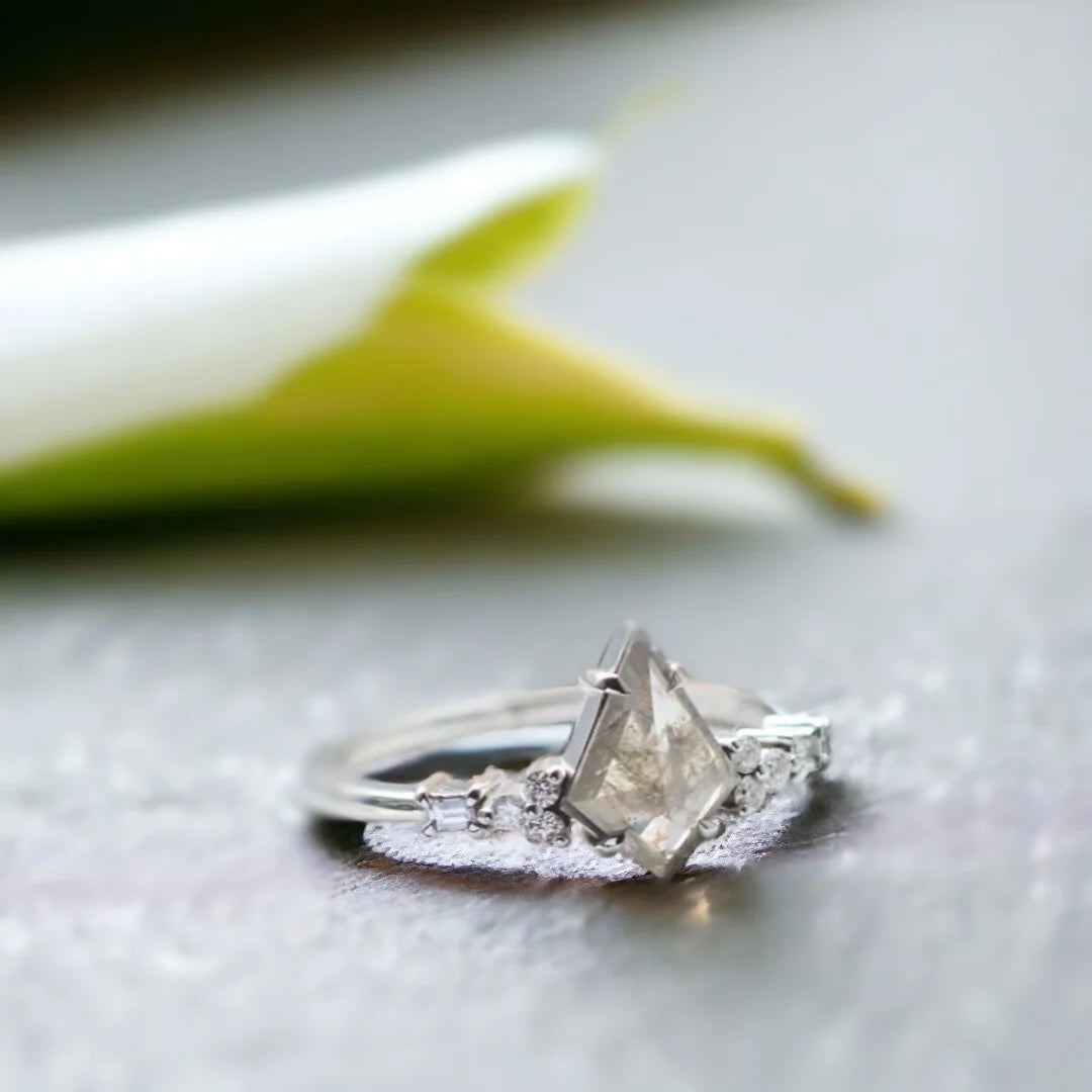 Rustic Salt and Pepper Diamond Ring Organic Speckled Stone