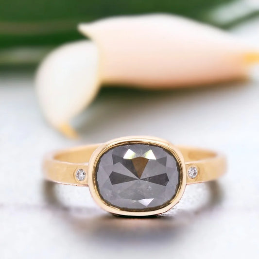 Rectangular Gray Rose-Cut Diamond Ring with Accent Diamonds in Rose Gold