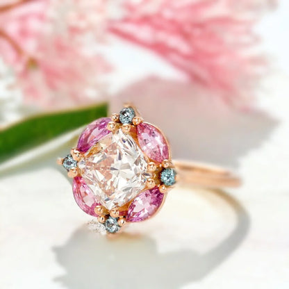 Cushion Diamond Mosaic Ring with Teal and Pink Sapphires
