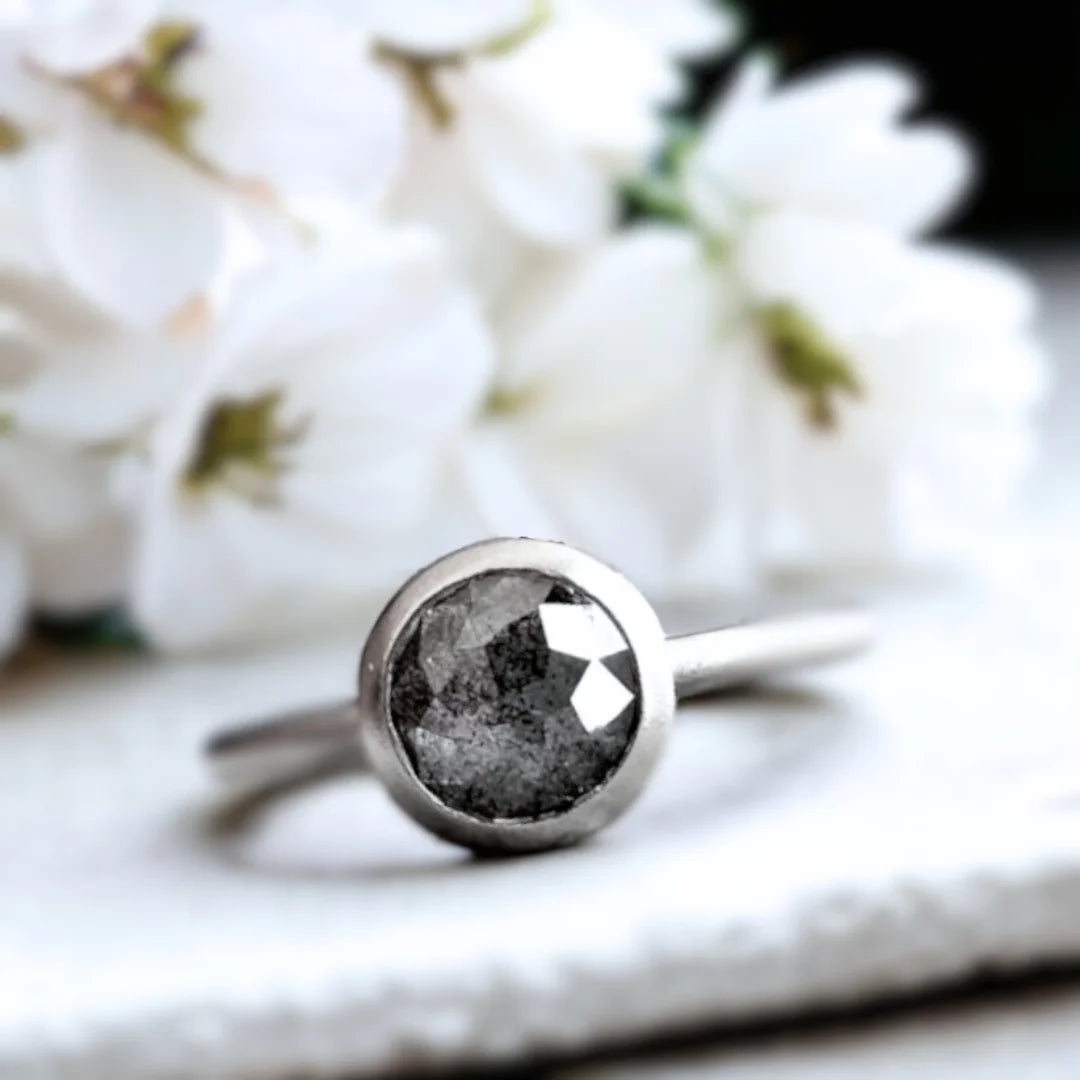 Round Salt and Pepper Diamond Ring Unique Natural Stone Design