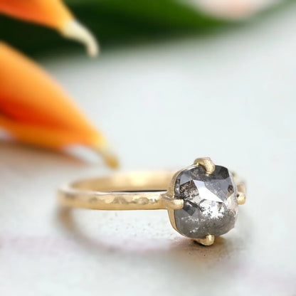 Artisan Salt and Pepper Diamond Ring Hammered Band Bridal Ring