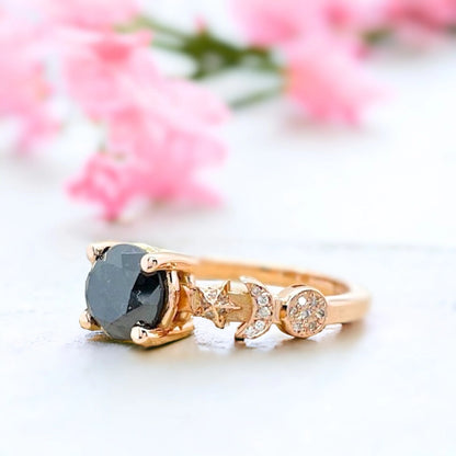 Black Diamond Celestial Ring with Sun Moon Star Design