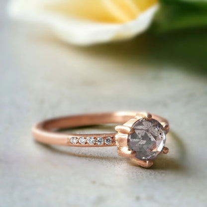 Round Rose Cut Salt and Pepper Diamond Ring White Accent Diamonds