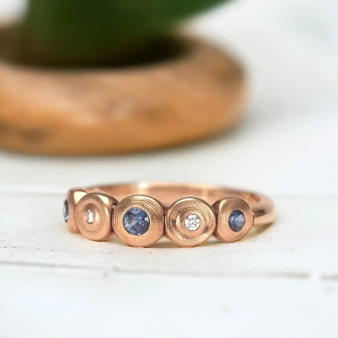 Five Seed Dome Ring with Diamonds and Blue Sapphire