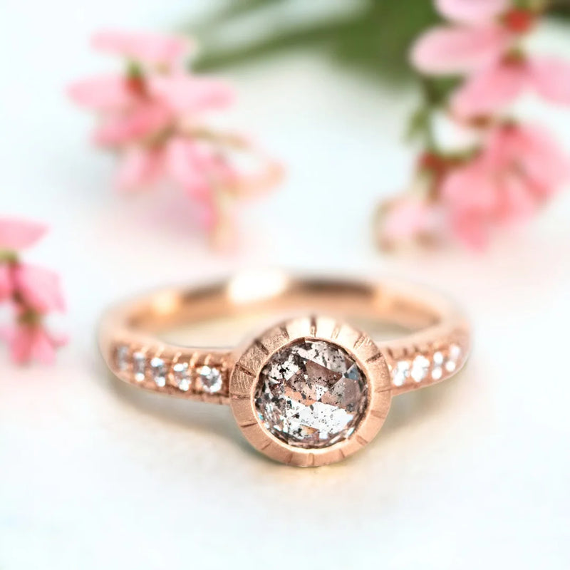 Victorian Lace Love Knot Bridal Diamond Ring Set, Aurora Borealis Salt And Pepper Diamond Ring