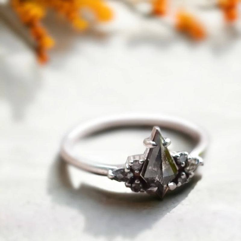 A Symbol of Elevation: Kite-Cut Diamond Engagement Ring, Reach for Forever Salt And Pepper Diamond  Ring