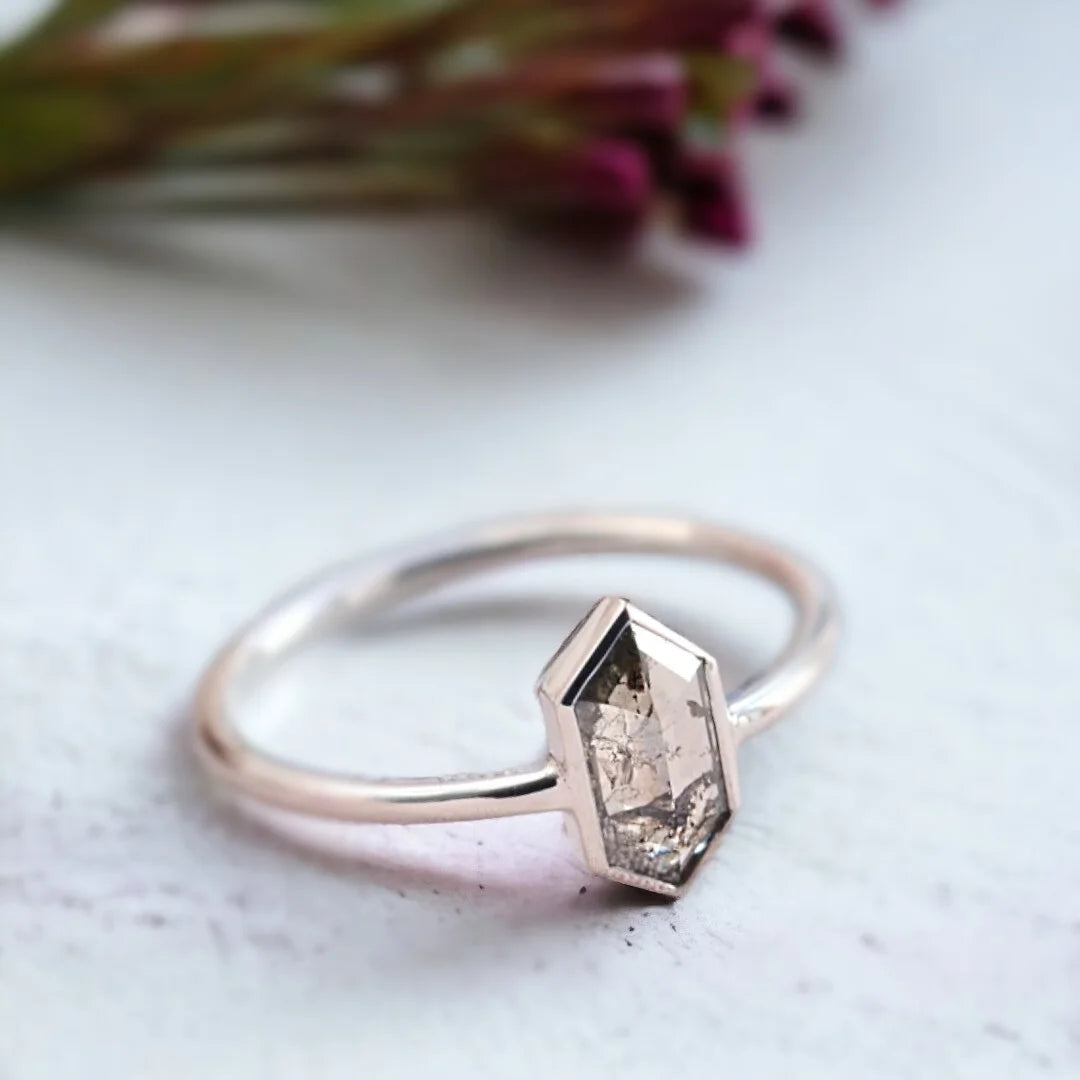 Rose Cut Hexagon Salt and Pepper Diamond Ring Engagement