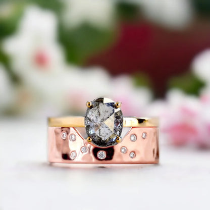 Oval Salt and Pepper Diamond Engagement Ring Set Rose Gold Silver