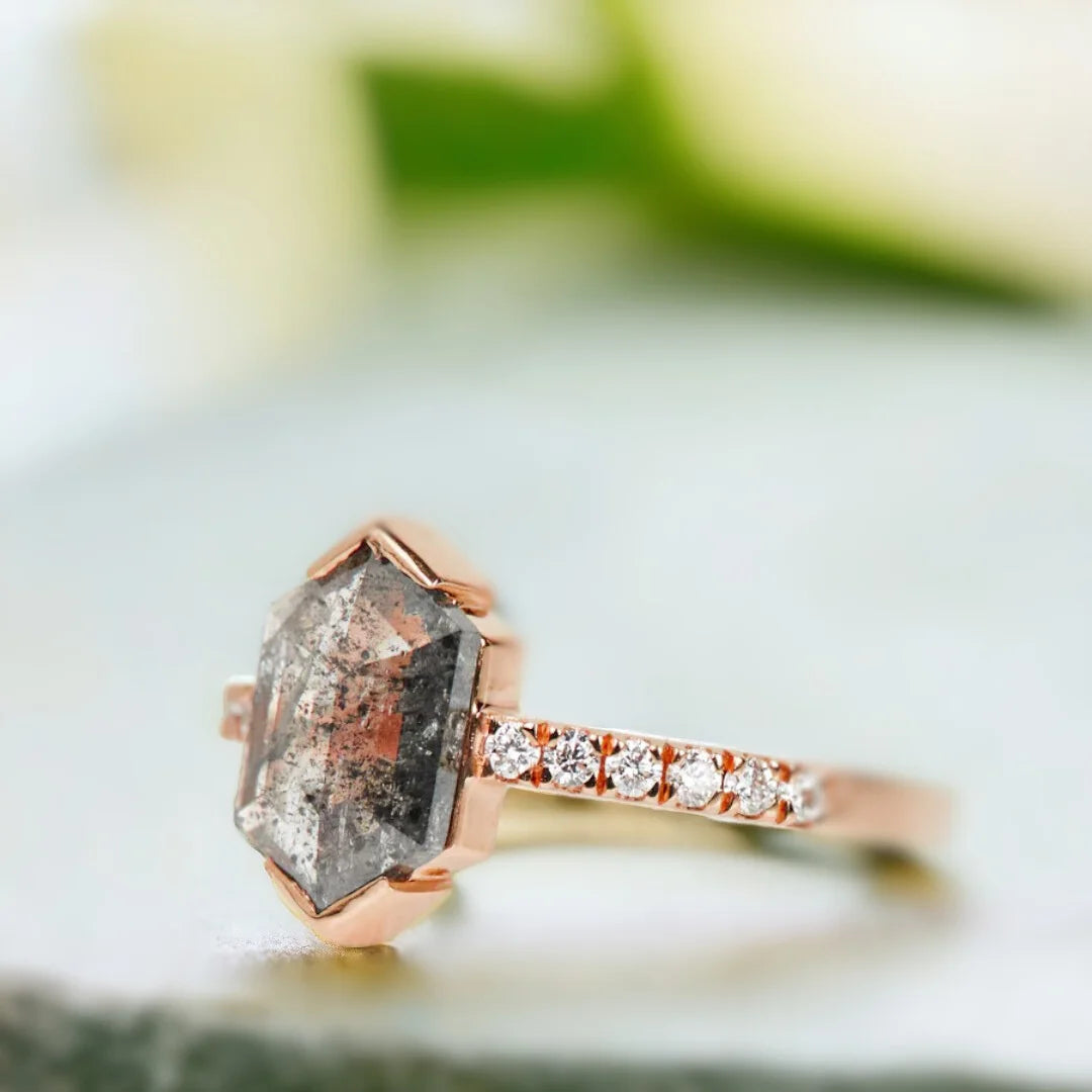 Hexagon Salt and Pepper Diamond Engagement Ring Handmade Design