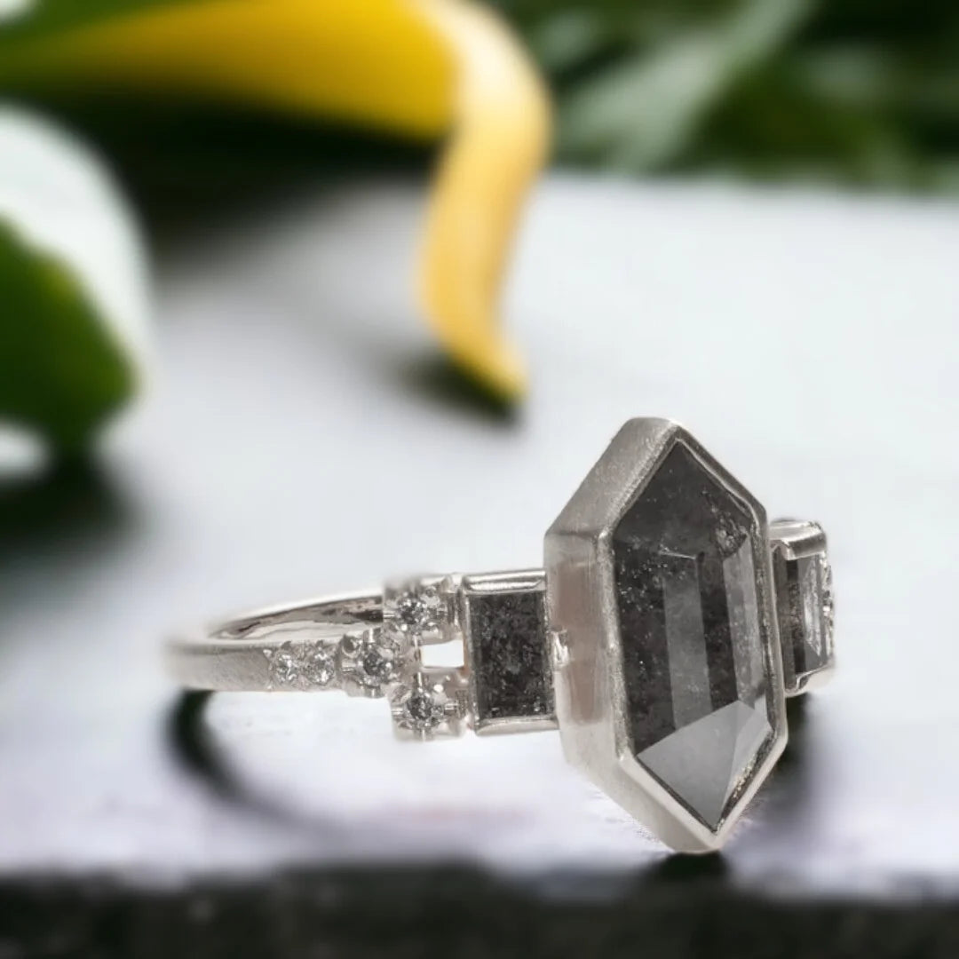 Hexagon Salt and Pepper Diamond Ring Retro Rustic Style