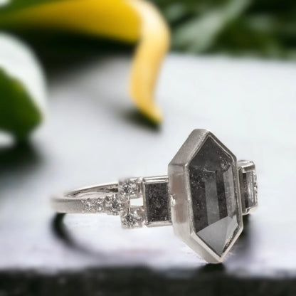 Hexagon Salt and Pepper Diamond Ring Retro Rustic Style