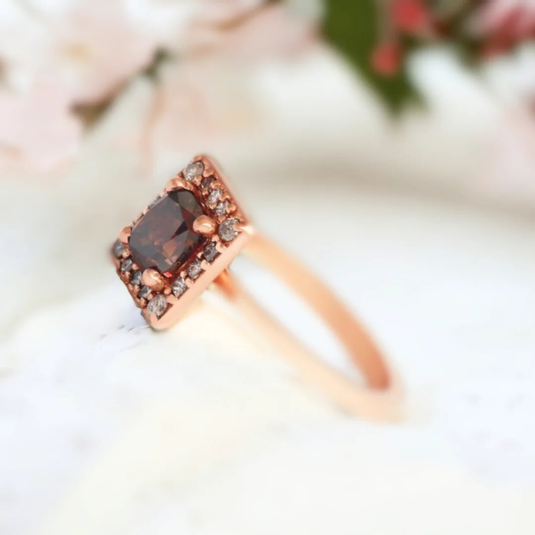 Champagne Diamond Cushion Halo Ring in Red Gold