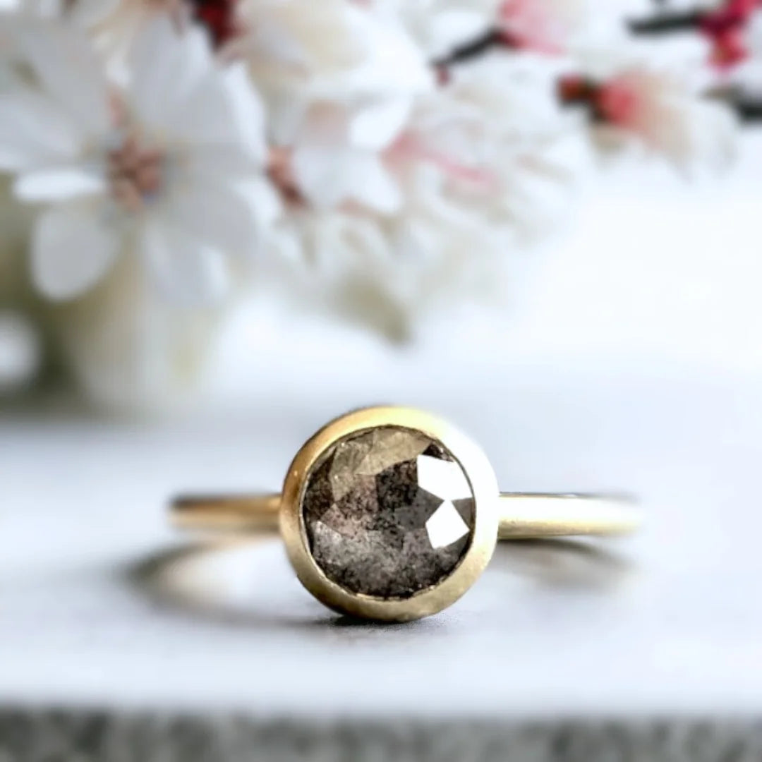 Round Salt and Pepper Diamond Ring Unique Natural Stone Design