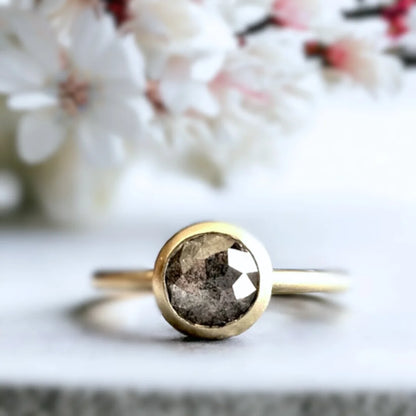 Round Salt and Pepper Diamond Ring Unique Natural Stone Design