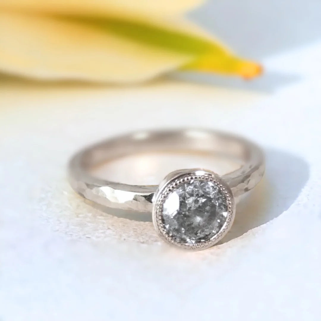 Custom Platinum Cathedral Ring Salt and Pepper Diamond Single Stone