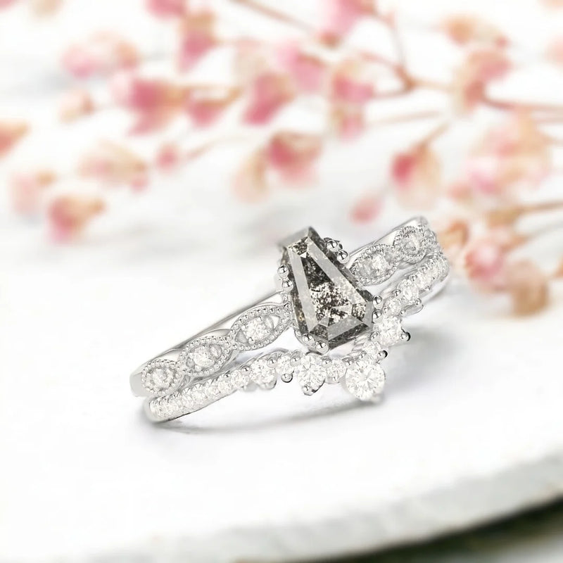 Glimpse Of The Roaring Twenties Bridal Diamond Ring Set, Celestial Sparkle Salt And Pepper Diamond Ring Collection