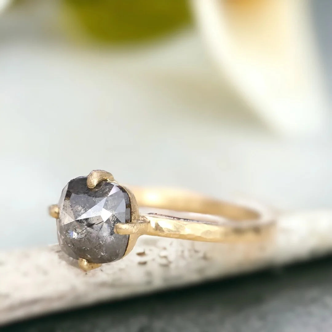 Artisan Salt and Pepper Diamond Ring Hammered Band Bridal Ring