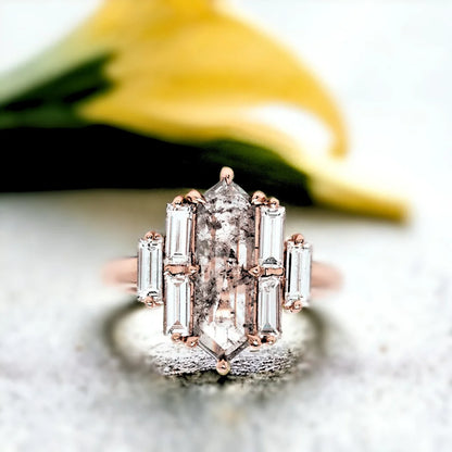 Rose Gold Salt and Pepper Diamond Ring Baguette Side Stones